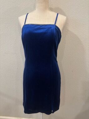 Blue Velvet Shimmer Slip Dress with Rhinestone Trim Prom Formal